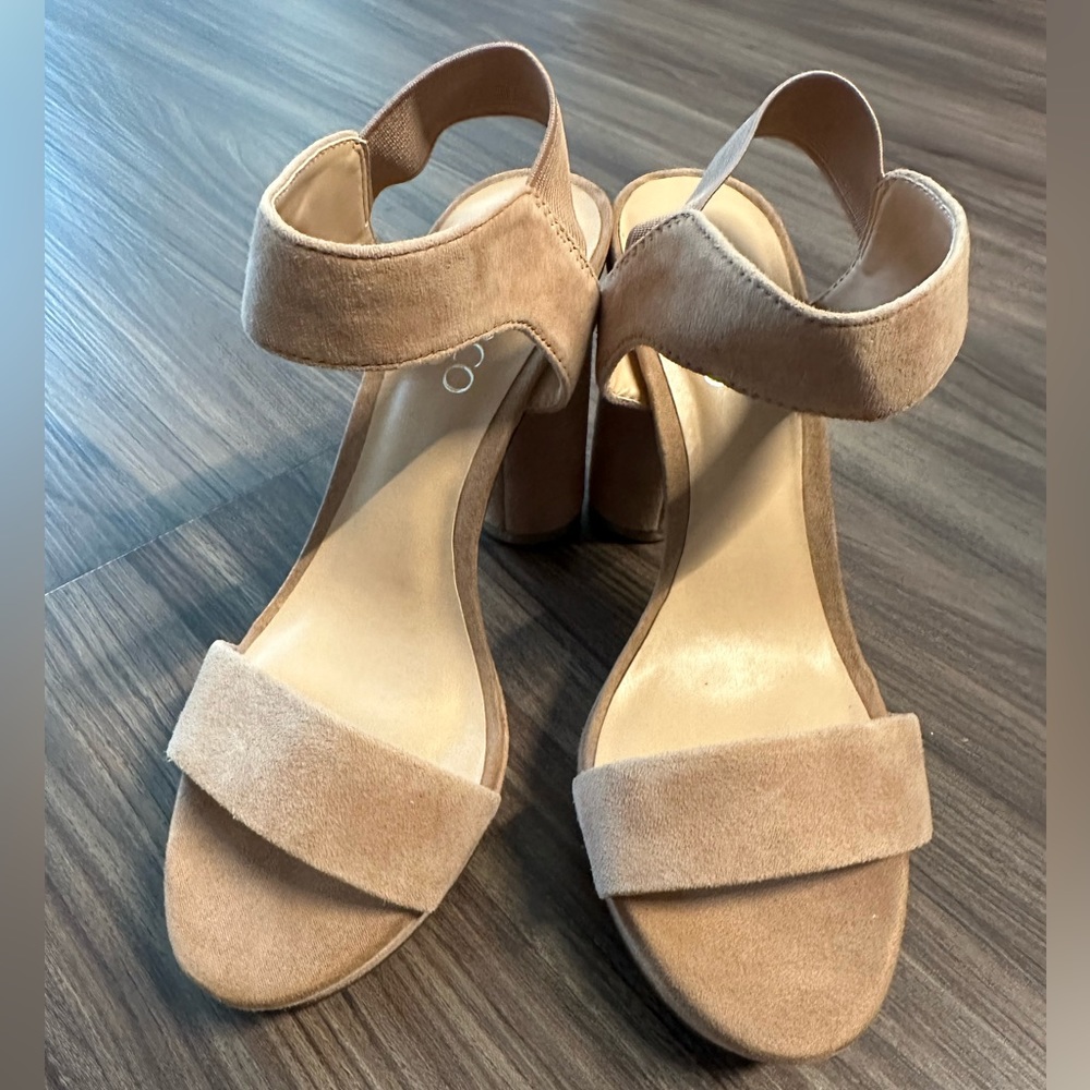 New Franco Sarto Noa Suede Leather Platform Block Heeled Sandals, Tan/Beige